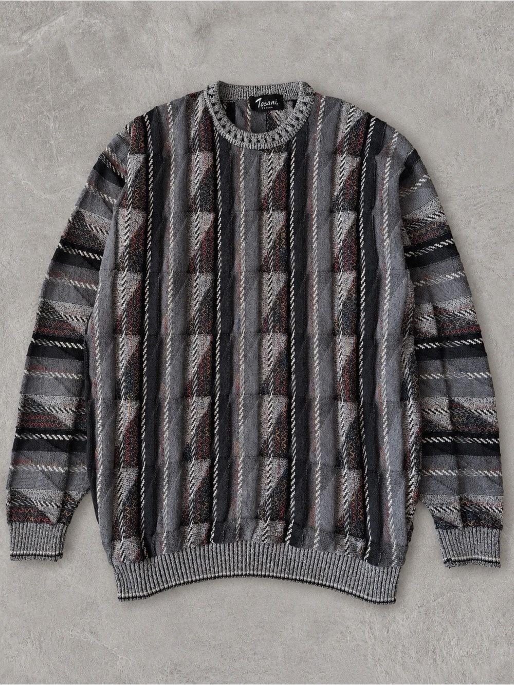VTG 90s Tosani Gray 3D Textured Coogie Style Knit Crewneck Sweater XL Retro